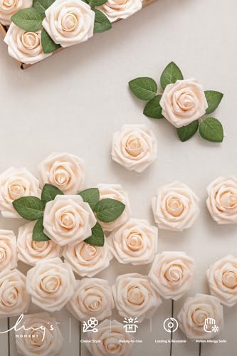 Ling's moment Artificial Flowers 50Pcs Cream Roses Decor w/Stems,3" Real Touch DIY Foam Floral for Wedding Bouquet/Centerpieces, Outdoors Party Backdrop, Room/Table, and Garden/Pot Decorations(2023) | Foam Material, With Stems, DIY Floral, Wedding/Party D