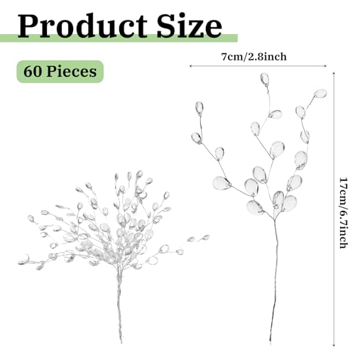 Acrylic Bead Drop Crystal Flower Stem, 60 Pcs Artificial Bouquets with 3-Prong Branches for Christmas Tree, Wedding, Bridal Decoration, DIY Crafts & Vase Arrangements