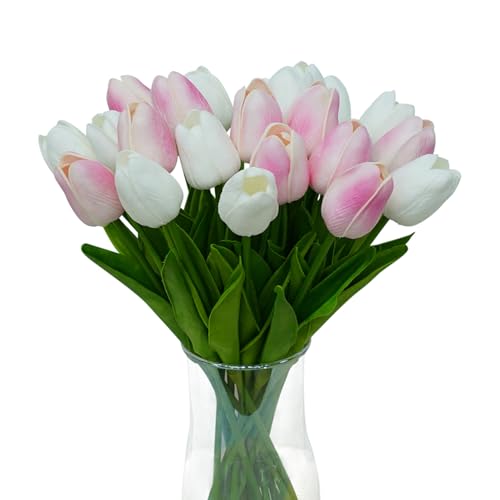 20pcs White and Pink PU Faux Tulips Flowers 13 Inch Fake Flowers Mother's Day Easter Valentine’S Day Gifts in Home Kitchen Wedding Dining Table Decoration - color: White and Pink