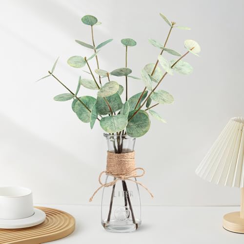 Artificial Eucalyptus Stems in Glass Vase with Faux Water, 15" Realistic Fake Plants for Bathroom Counter Decor, Small Faux Greenery for Coffee Table Centerpieces, Office Desk and Shelf Decor - color: Double-sided Green Eucalyptus