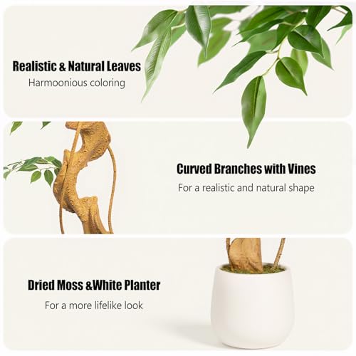 6ft Large Ficus Artificial Trees in White Pot, 72" Tall Fake Silk Tree with Natural Curved Trunk, Lush Faux Ficus Tree for Indoor Home Decor, Living Room, Office & Patio - size: 6ft