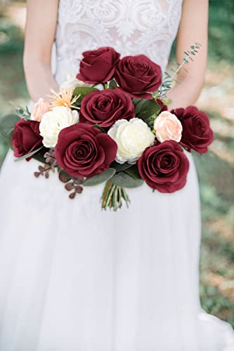 JUSMAI 30pcs Roses Artificial Flowers Fake Flowers with Long Stems Burgundy Silk Flowers for Wedding Bouquet Centerpices Decorations Party Bridal Baby Shower Home Decor - color: Burgundy, size: 30PCS