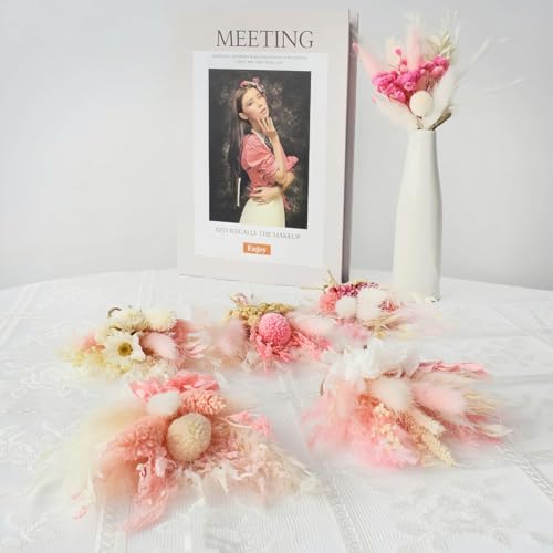 6 Pack Dried Flower Bouquets,Pink Boho Series Natural Dry Flowers Combination with Stem,Boho Artificial Bundles for Wedding Table Centerpieces,Birthday Cake Table Vase Decor,Shooting Props (Pink)