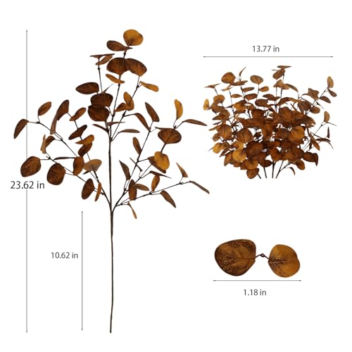 4PCS 23.62" Autumn Brown Metallic Artificial Eucalyptus Stems Real Faux Eucalyptus Leaves for Fall Home Decor, Thanksgiving Centerpiece Christmas Living Room Vase Decoration - color: Autumn Brown