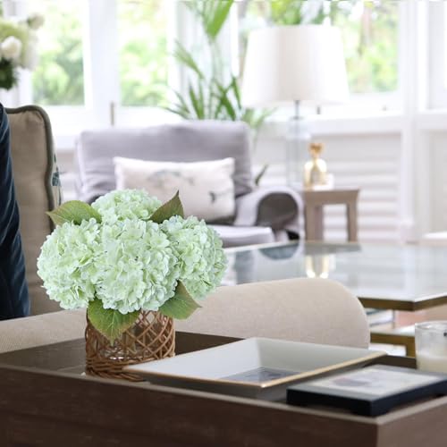 JINWOE Boho Green Hydrangea Artificial Flowers, 4Pcs 21" Real Touch Artificial Hydrangea, Fake Silk Flowers for Dinning Tables Party Outdoor Home Cemetery Kitchen Wedding Bouquet - color: Light Green