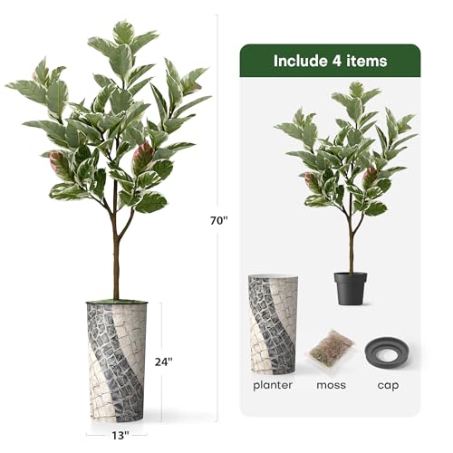 Artificial Tree in Geometric Pattern Planter, Fake Rubber Silk TRE for Indoor and Outdoor Home Decoration - 70" Overall Tall (Plant Pot Plus Tree) - style: Rubber