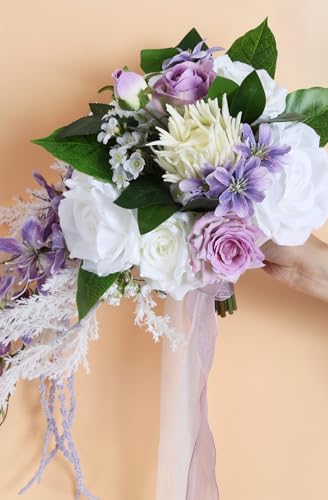 Bridal Bouquet,9 Inch Wedding Bouquets Purple and White Fake Wedding Silk Flowers for Ceremony Anniversary Brides Shower(Purple) - color: Purple