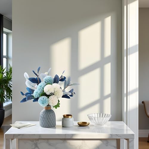 LADADA Blue Artificial Flower Bouquet in Ceramic Vase | Faux Blue White Bouquet,Faux Ball Mum Silk Flowers Arrangement for Home Table Centerpiece Farmhouse Living Room Wedding Decor - color: Blue