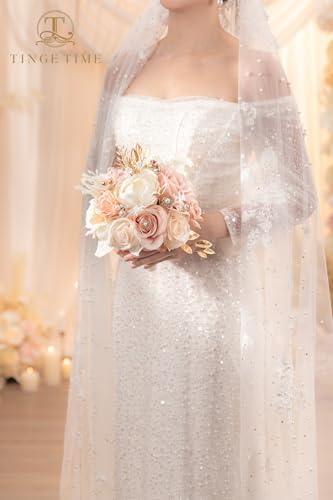 TINGE TIME Champagne White & Pink Wedding Bouquet 9in Artificial Toss Rose for Bride, Bridesmaid Artificial Flowers for Wedding Ceremony Anniversary Bridal Showers Wedding Church Decoration - color: Champagne&pink