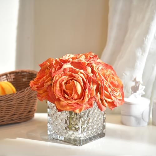Artificial Rose in Glass Vase Vintage Silk Flower Arrangement with LED Light for Table Centerpiece Home Wedding Decoration (Orange) - color: Orange
