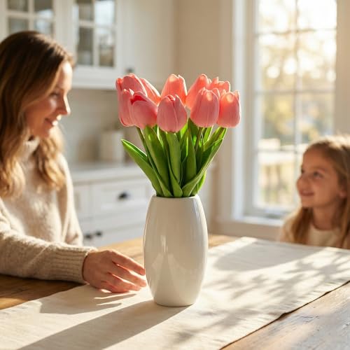 10 Stems Pink Real-Touch Artificial Tulips with Premium Glazed Ceramic Vase – Modern Farmhouse Table Centerpiece（ Premium Vase+Pink - color: Premium Vase+pink