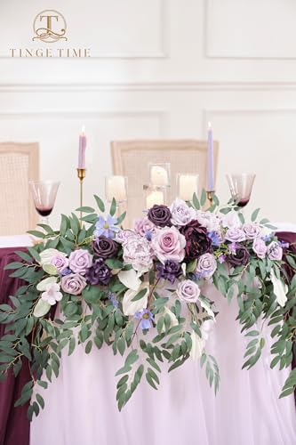 TINGE TIME Artificial Sweetheart Flower Swag with Tablecloth and Table Runner, Pack of 3 Floral Arrangement for Wedding Sweetheart Table Centerpiece Decoration (Lavender & Plum) - color: Lavender & Plum