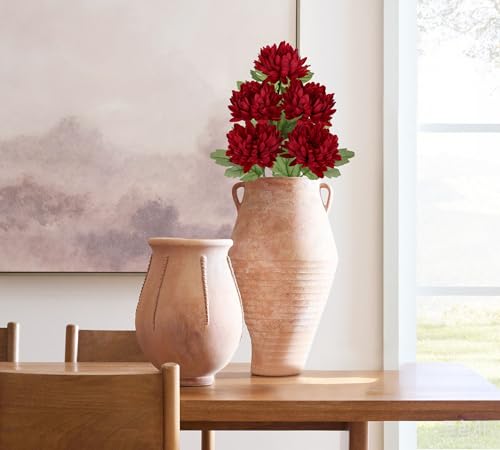 Hollyone 5Pcs Fake Mums Flowers Red Artificial Chrysanthemum Flowers Silk Long Stem Floral Arrangements Bouquets Faux Spider Mum Flower Pincushion Flower Bush Home Decor - color: Red
