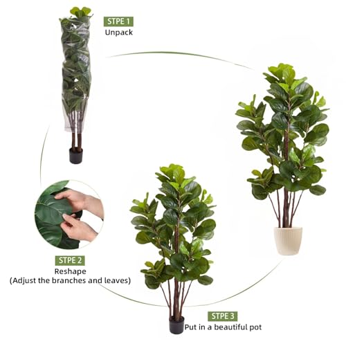 GlowSol Faux Fiddle Leaf Fig Tree, 5 Ft Artificial Ficus Lyrata Plant with 102 Fiddle Leaves, Fake Floor Plant in Pot for Indoor Outdoor Living Room House Office Bedroom Decor - size: 4ft 11in