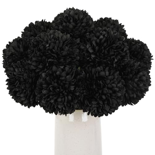 Briful 12 Pcs Artificial Black Chrysanthemum Stems – 11” Tall Silk Mums Flower Heads with Green Leaves, Flexible Stems for Fall Floral Pick Arrangements, Home, Wedding & Seasonal Decorations - color: 3.5'' Dia. 12pcs Black