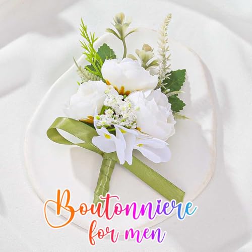 Bride Wedding Rose Boutonniere Men's Flower Buttonholes Groomsmans Prom Suit Decoration for Men (White) - color: White