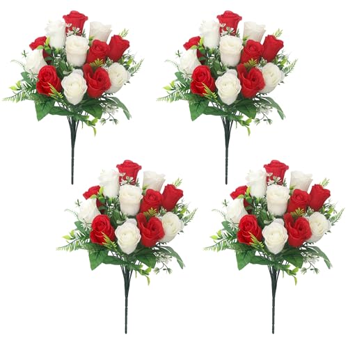 Artificial Rose Bouquets Fake Roses Flowers Set of 4 Realistic Silk Flowers for Cemetery Headstone Home Wedding Decoration UV Resistant No-Fading(Red White) - color: Red White