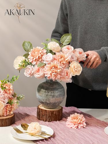 Artificial Flowers Combo Set Pink Faux Dahlia Roses DIY Wedding Decor | Silk Fake flowers arrangement set for home decor crafts reusable party bouquets DIY wedding table and event decorations - color: Pink, size: The Minimalist