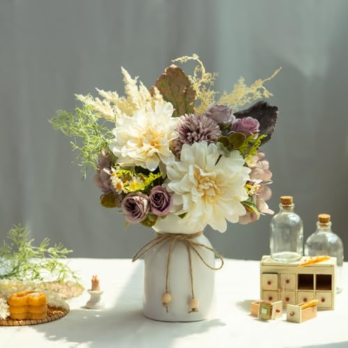 Fake Flowers with Vase Silk Dahlia Artificial Flowers in Vase Faux Hydrangea Flower Arrangements for Home Office Decoration Dining Table Centerpiece (Purple) - color: Purple