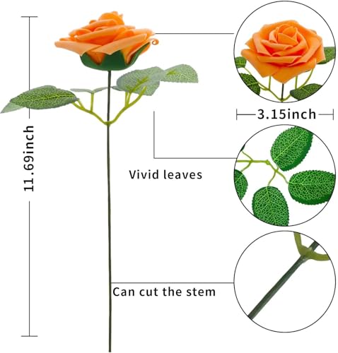 [25PCS] Orange Roses Artificial Flowers with Long Stem Real Touch Fake Foam Roses for Decoration DIY Wedding Bouquets Centerpieces Bridal Shower Flower Arrangements Home Decor - color: Orange