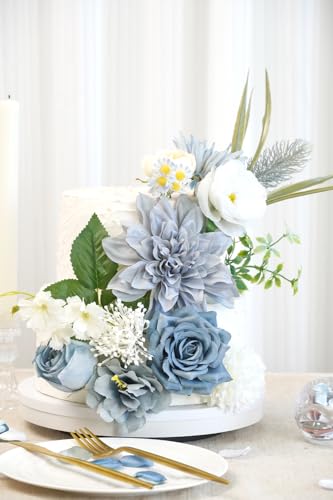 Artificial Flower Combination Box Set Artificial Flower Loose Leaves and Stems DIY Wedding Center Bouquet Bride Wedding Baby Shower(Grey White Blue) - color: Grey White Blue