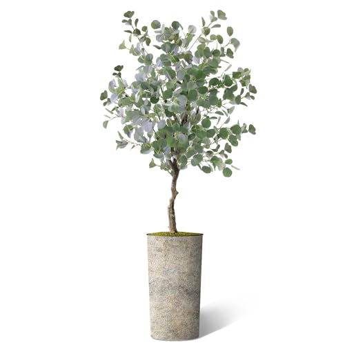 Artificial Tree in Off-White Texture Planter, Fake Eucalyptus Silk Tree for Indoor and Outdoor Home Decoration - 66" Overall Tall (Plant Pot Plus Tree) - style: Eucalyptus Tree