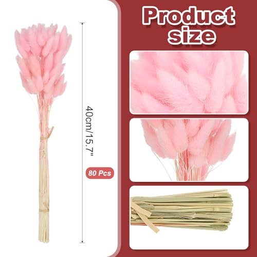 PATIKIL 15.7in Bunny Tails Dried Flowers, 80pcs Pampas Grass Decor Rabbit Tail Natural Pampas Grass Bulk Fluffy Faux Pampas Grass Dried for Home Boho Decor Vase Wedding Table, Pink - color: Pink