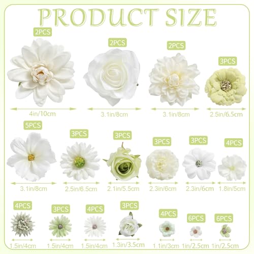 Fake Flowers Heads Bulk White Green Mini Artificial Silk Flower for Crafts, Small Artificial Daisy Roses Faux Flowers for Graduation Cap DIY Cake Wedding Party Home Garland Decoration - color: White Green