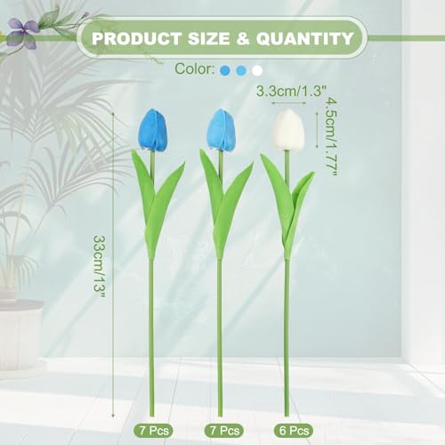 uxcell 20pcs Tulips Artificial Flowers, Faux Flowers Silk Fake Tulip Stems Real Touch for Wedding Bouquet Centerpiece Table Party Decoration(Blue, Sky Blue, Pure White) - color: Blue, Sky Blue, Pure White