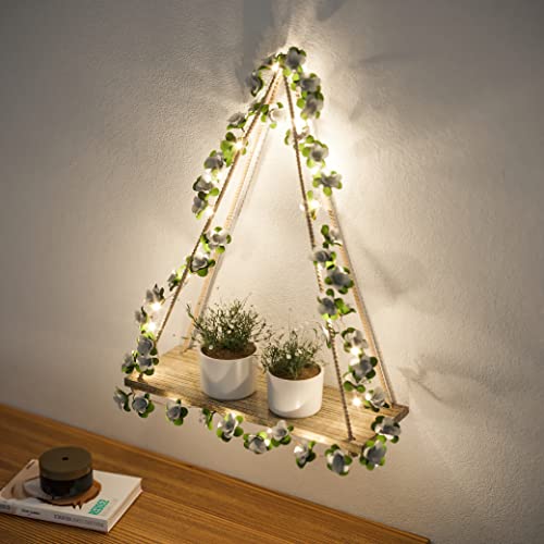 Artificial White Flower Garland with LED-Strip Wall Hanging Shelves Set of 2, Boho Shelves for Wall Décor, Macrame Wall Shelf for Bedroom Bathroom Living Room Kitchen (No Battery Included) - color: Flowera*2