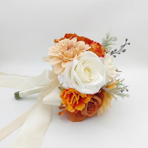 8.6 Inch Wedding Bouquets for Bride, Realistic Silk Bridal Bouquet, Burnt Orange and White Artificial Wedding Rose Bouquet, for Autumn Wedding, Proposal, Thanksgiving and Venue Decoration - color: Burnt Orange
