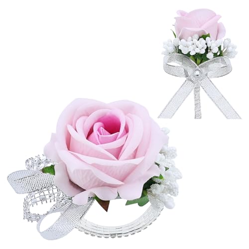 2Pcs Light Pink Rose Corsage and Boutonniere Set, Artificial Wrist Corsage Wristlet Bracelets, Men Boutonniere for Wedding Party Ceremony Homecoming Flowers Accessories Prom Decorations - color: Light Pink