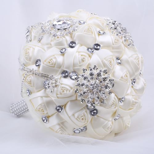 Ivory Wedding Bridal Bouquet with Bling Brooch Rhinestone String Cascading Bouquet for Bride Bridesmaid Quinceanera Satin Rose Flower Bouquet Wedding Ivory 8.3in - color: ['Ivory #3'], size: Diameter: 8.3 inches