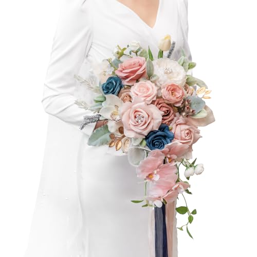 TINGE TIME 13 Inch Artificial Flower Wedding Bouquets for Bride, Cascading Bridal Bouquet for Wedding Bouquet for Wedding Ceremony and Anniversary（Dusty Rose & Navy Blue） - color: Dusty Rose & Navy Blue