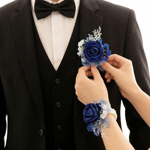 Grevosea 2 Pcs Blue Rose Corsage and Boutonniere Set, Artificial Wrist Double Pearl Corsage Wristlet Bracelets, Men Boutonniere for Wedding Party Formal Dinner Flowers Accessories Prom Suit Decor - color: Blue