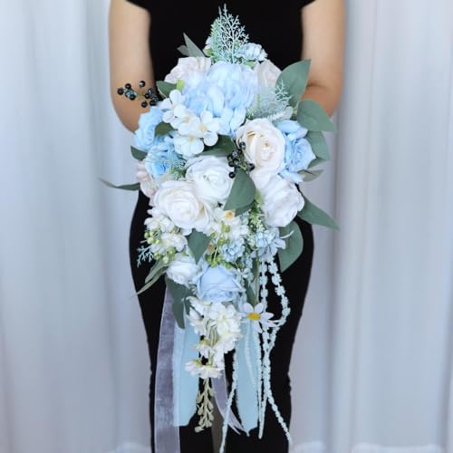 9.8 Inch Cascade Bridal Bouquet for Bride with Artificial Rose Flower Greenery Rustic Cascading Bridal Bride Wedding Bouquet Flower Wedding Champagne and Light Blue - color: Light Blue & Champagne