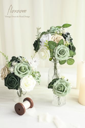Floroom Artificial Flowers 25pcs Real Looking Beige Foam Fake Roses with Stems for DIY Wedding Bouquets Bridal Shower Centerpieces Floral Arrangements Party Tables Home Decorations - color: Beige, size: 25Pcs