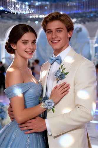Serwalin Blue Rose Corsage and Boutonniere Set, 2Pcs Dusty Blue Boutonniere and Wrist Corsage Wristband Prom Flower for Wedding Flowers Accessories Prom Suit Decorations - color: Dusty Blue, size: 1 Boutonniere & 1 Wrist Corsage - 2pcs