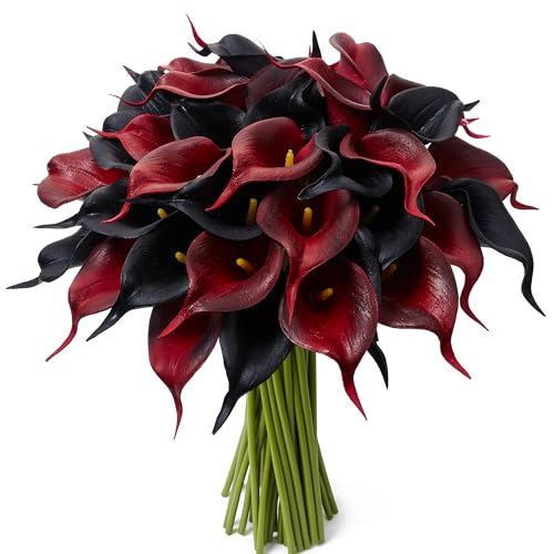 24 Pcs Artificial Calla Lily Flowers Fake Silk Flowers Real Touch for Halloween Wedding Bouquet Office Home Kitchen Decor (Black Red) - color: Black-red