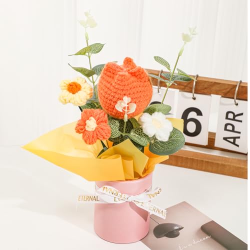 Chordobe Crochet Flower Bouquet for Gift: Handmade Knitted Tulip Bouquet for Birthday Wedding Festival Valentine's Day Graduation Home Decor (Yellow) - color: Yellow