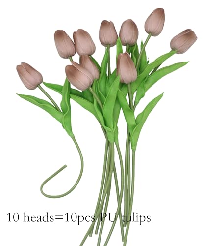 Artificial Flowers 10 Heads Mini Real Touch Artificial Tulip for Home Wedding Party Centerpiece Decoration (Coffe) - color: Coffe