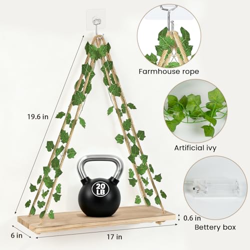 RICHER HOUSE Macrame Floating Shelves for Wall No Drilling, Boho Hanging Shelf with Artificial Ivy and LED Lights, Plant Wall Decor for Living Room Bedroom Dorm - color: Ivya*2
