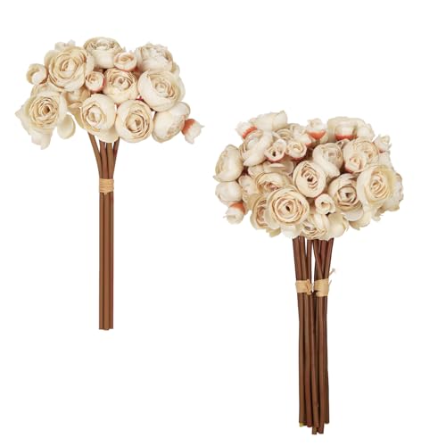 IPOPU Ranunculus Artificial Flowers 2Bouquets Silk Flowers with Stems 12PCS Mini Fake Flowers for DIY Wedding Bouquet Bridal Shower Decorations Floral Filler Flowers Centerpieces (Beige) - color: Beige