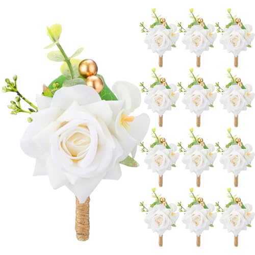 Sherr 12 Pcs Boutonniere for Men Wedding Flower Boutonniere Rose Corsage Set with Pin for Groom Groomsmen Prom Western Wedding Anniversary Dinner Fall Party Decor(White) - color: White