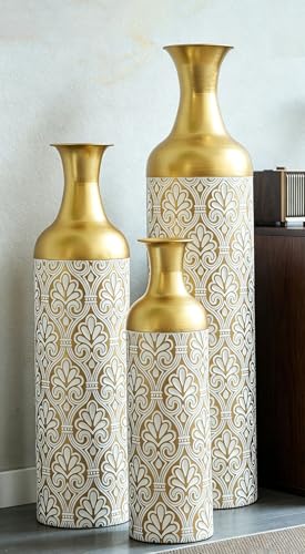 Tall Floor Vases Set of 3 for Decor Living Room Floor, White Vases Home Decor, Embossed Body Pattern, Geometric Cylinder (Gold 11) - color: Gold 11