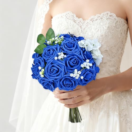 9 Pcs Artificial Flowers Fake Rose with Stems - Blue Real Touch Foam Roses for DIY Wedding Bouquet Bridal Shower Cake Toppers Centerpiece Table Valentines Day upplies Decorations - color: Blue, size: 9Pcs
