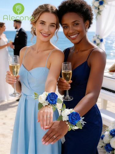 Alecono Set of 2 Wrist Corsage for Wedding, Navy Blue Corsages for Bride Bridesmaid, Artificial Flowers for Prom Graduation Ceremony Anniversary - color: Navy Blue, size: Wrist Corsage 2pcs