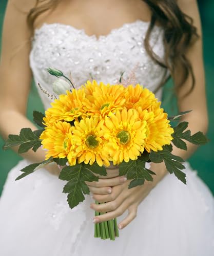 IPOPU 2 Bundles Artificial Gerbera Daisy Flowers 14 Heads Yellow Fake Daisy with Stems Faux Silk Daisy Flower for Wedding Bridal Bouquet Party Floral Arrangements Home Table Centerpiece Decor (Yellow) - color: Yellow