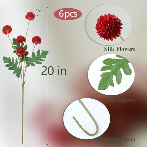 mizii 6Pcs Red Fake Silk Pompon Mum Artificial Flowers Bulk Small Faux Chrysanthemums with Stems Realistic Floral Decorations for Wedding DIY Bouquet Centerpieces Shower Vase Home Decor (Red) - color: Red