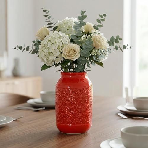 Red Ceramic Vase for Home Decor - 9 Inch Boho Modern Flower Vase for Pampas Grass, Pottery Decorative Vases for Centerpiece, Living Room, Mantle, Bookshelf, Table Decor - color: Red